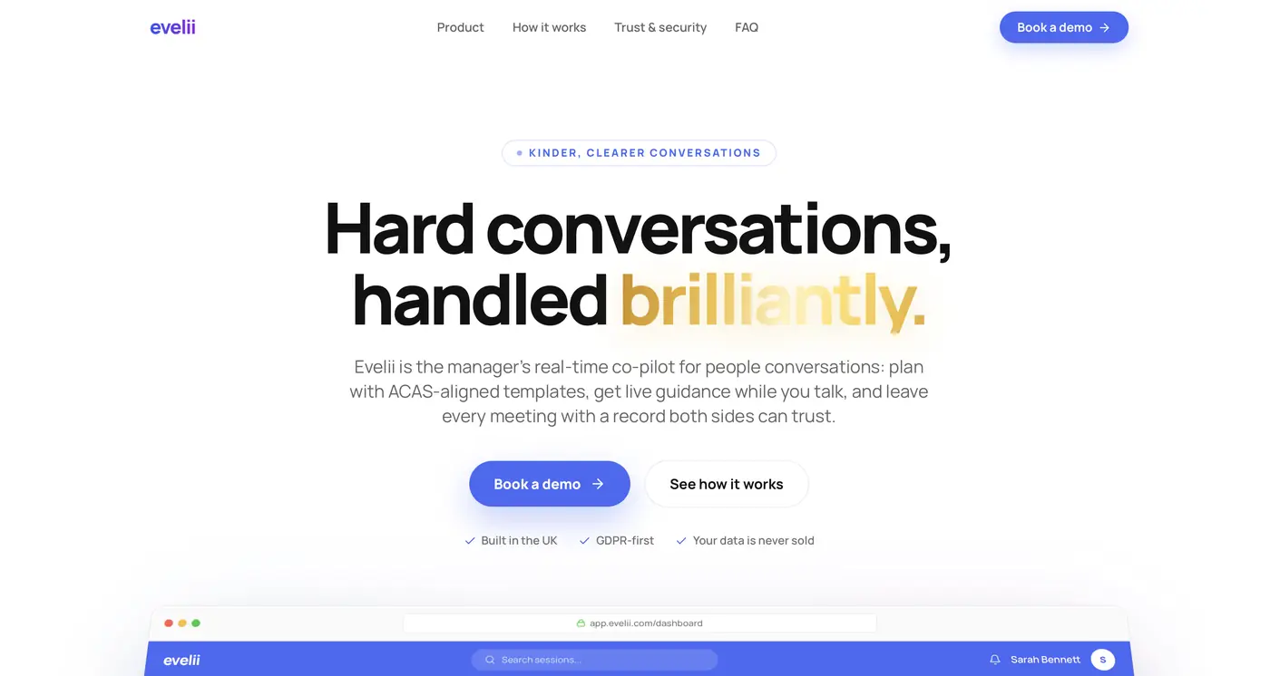 The Evelii home page: Hard conversations, handled brilliantly, with the word brilliantly in shimmering gold above a preview of the manager dashboard.