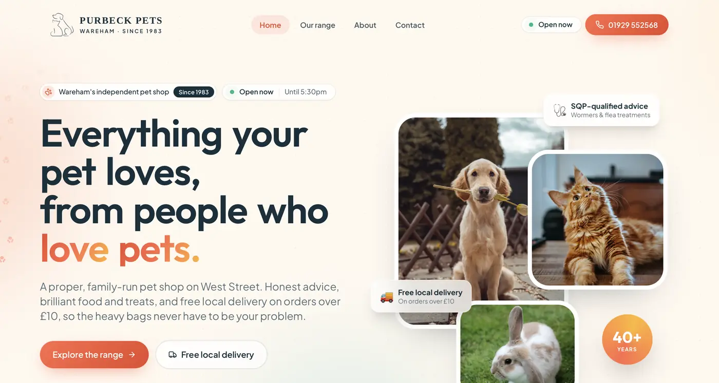 The Purbeck Pets home page: a warm cream layout with the headline Everything your pet loves, from people who love pets, beside photos of a dog, a cat and a rabbit.